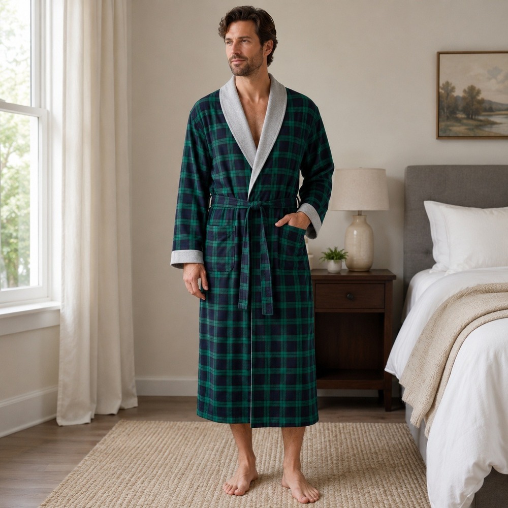 Latuza Men's XL Cotton Flannel Robe Green Navy Plaid Belted NWOT